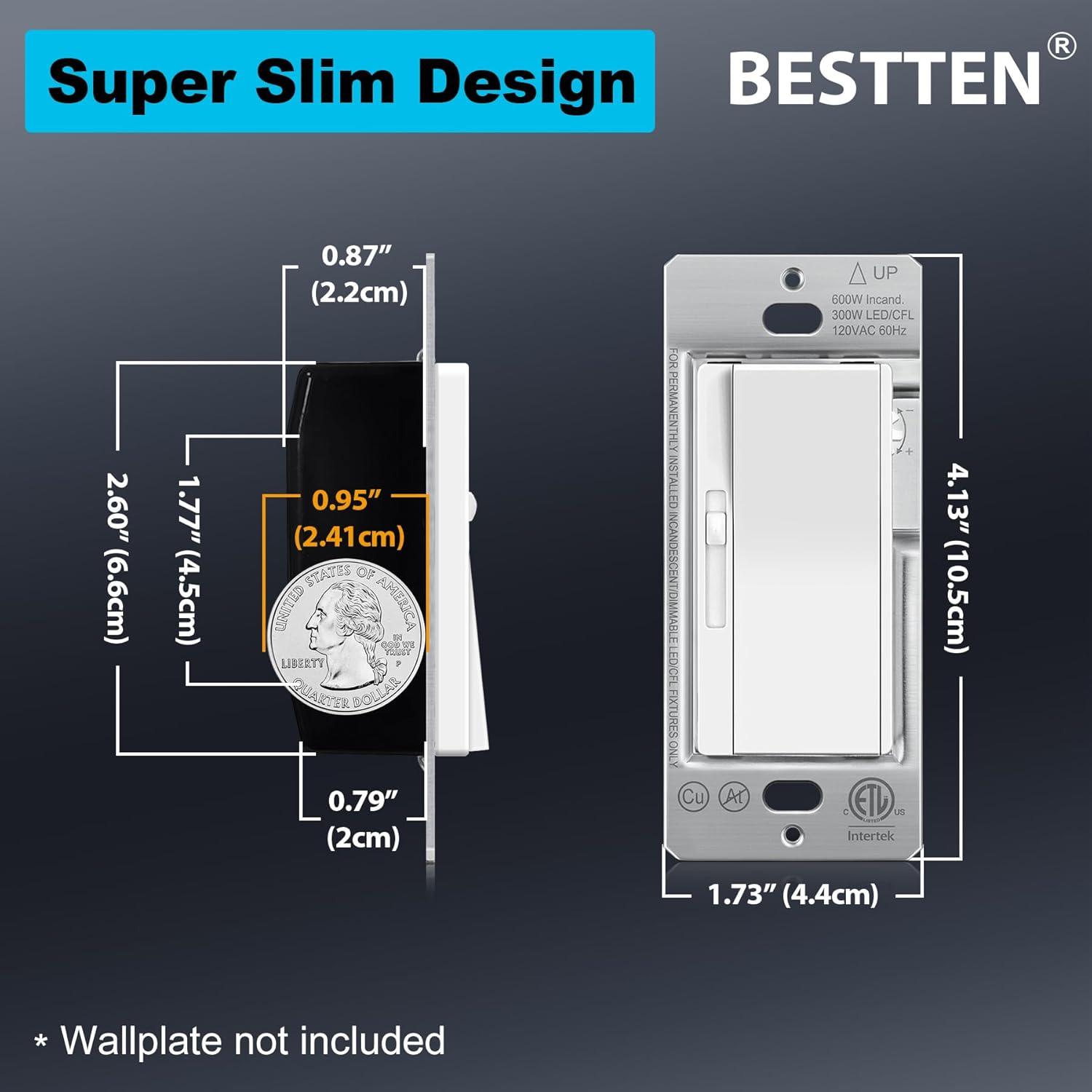 imageBESTTEN 3 Pack Slide Dimmer Light Switch Quiet Rocker Super Slim Single Pole or 3 Way Dimmable Switch Max 300W LED CFL 600W Incandescent ETL Listed White3