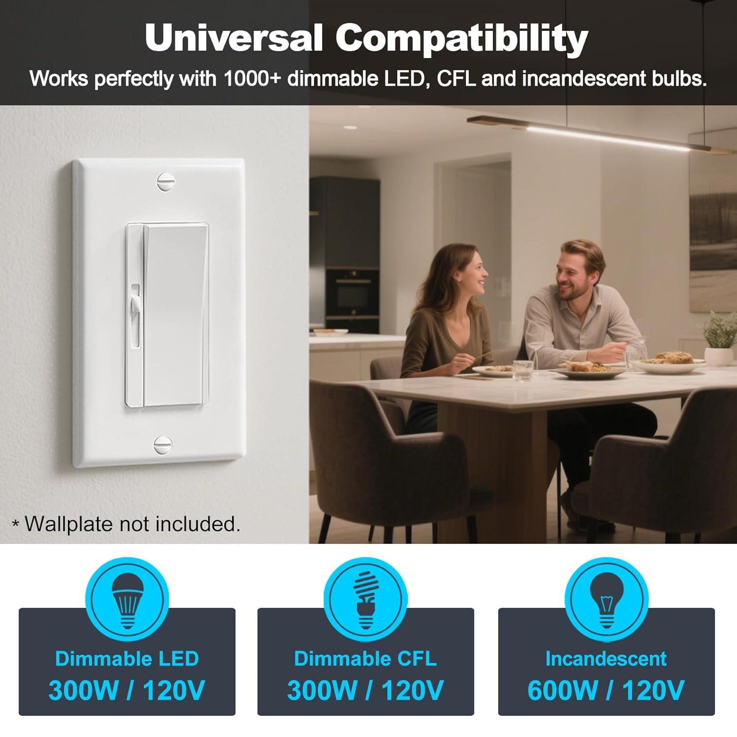 imageBESTTEN 3 Pack Slide Dimmer Light Switch Quiet Rocker Super Slim Single Pole or 3 Way Dimmable Switch Max 300W LED CFL 600W Incandescent ETL Listed White12