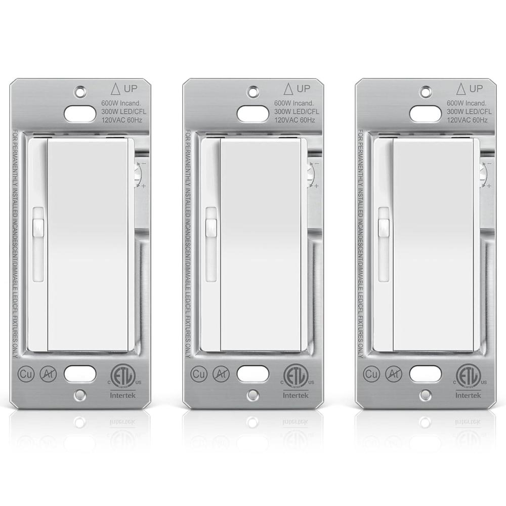 imageBESTTEN 3 Pack Slide Dimmer Light Switch Quiet Rocker Super Slim Single Pole or 3 Way Dimmable Switch Max 300W LED CFL 600W Incandescent ETL Listed White3