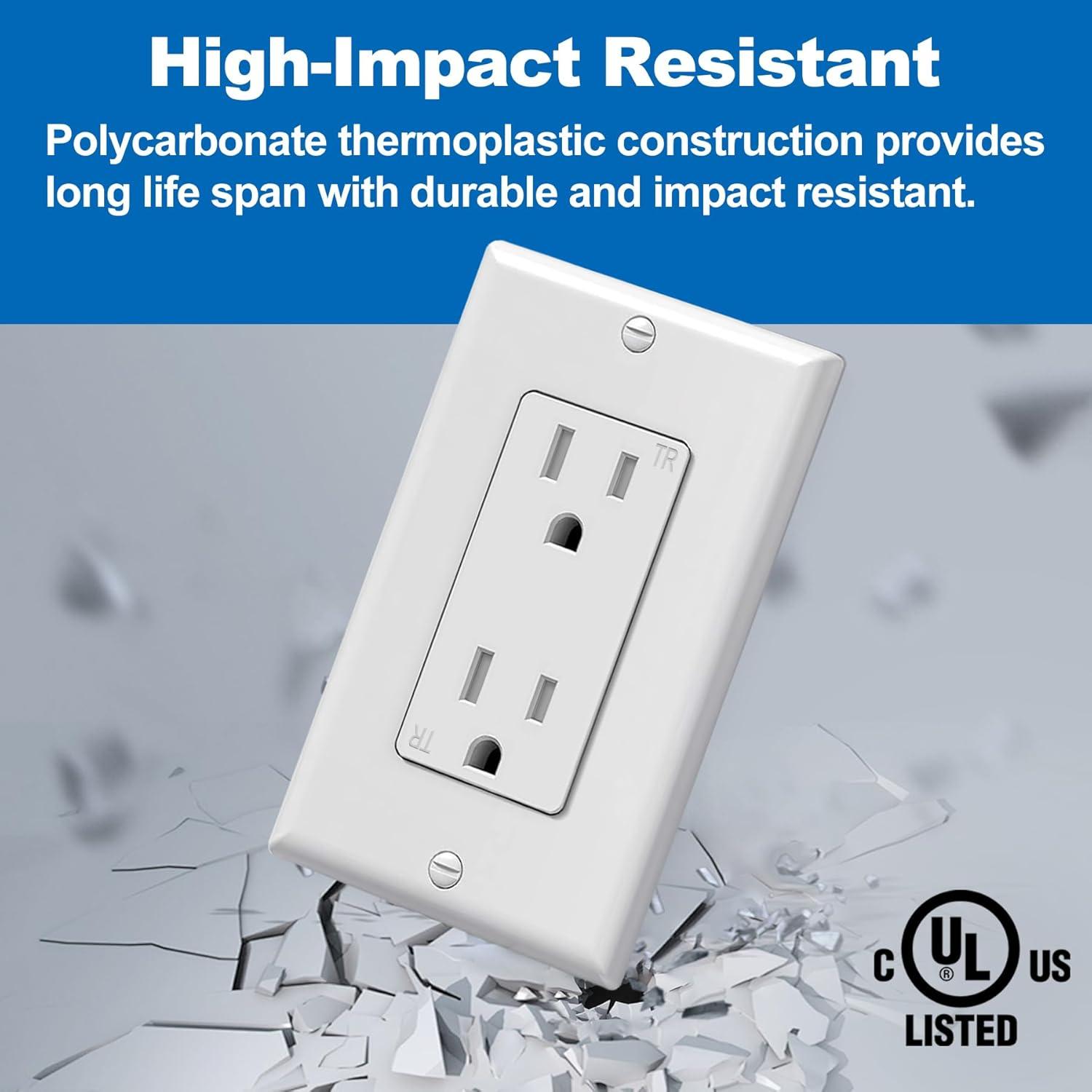 imageBESTTEN 60 Pack 15 Amp Outlets Standard Electrical Wall Outlet UL Listed Tamper Resistant Receptacle for Home and Business Wall Plate Included 15A125V1875W UL Listed White100