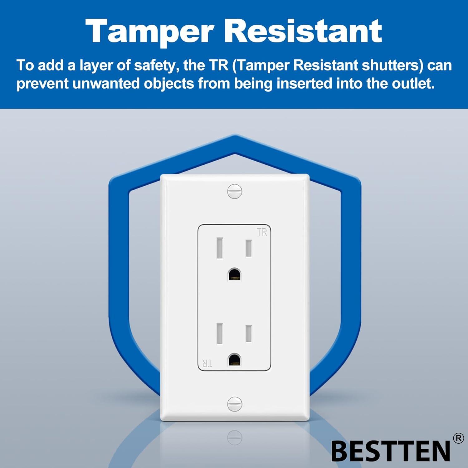 imageBESTTEN 60 Pack 15 Amp Outlets Standard Electrical Wall Outlet UL Listed Tamper Resistant Receptacle for Home and Business Wall Plate Included 15A125V1875W UL Listed White60