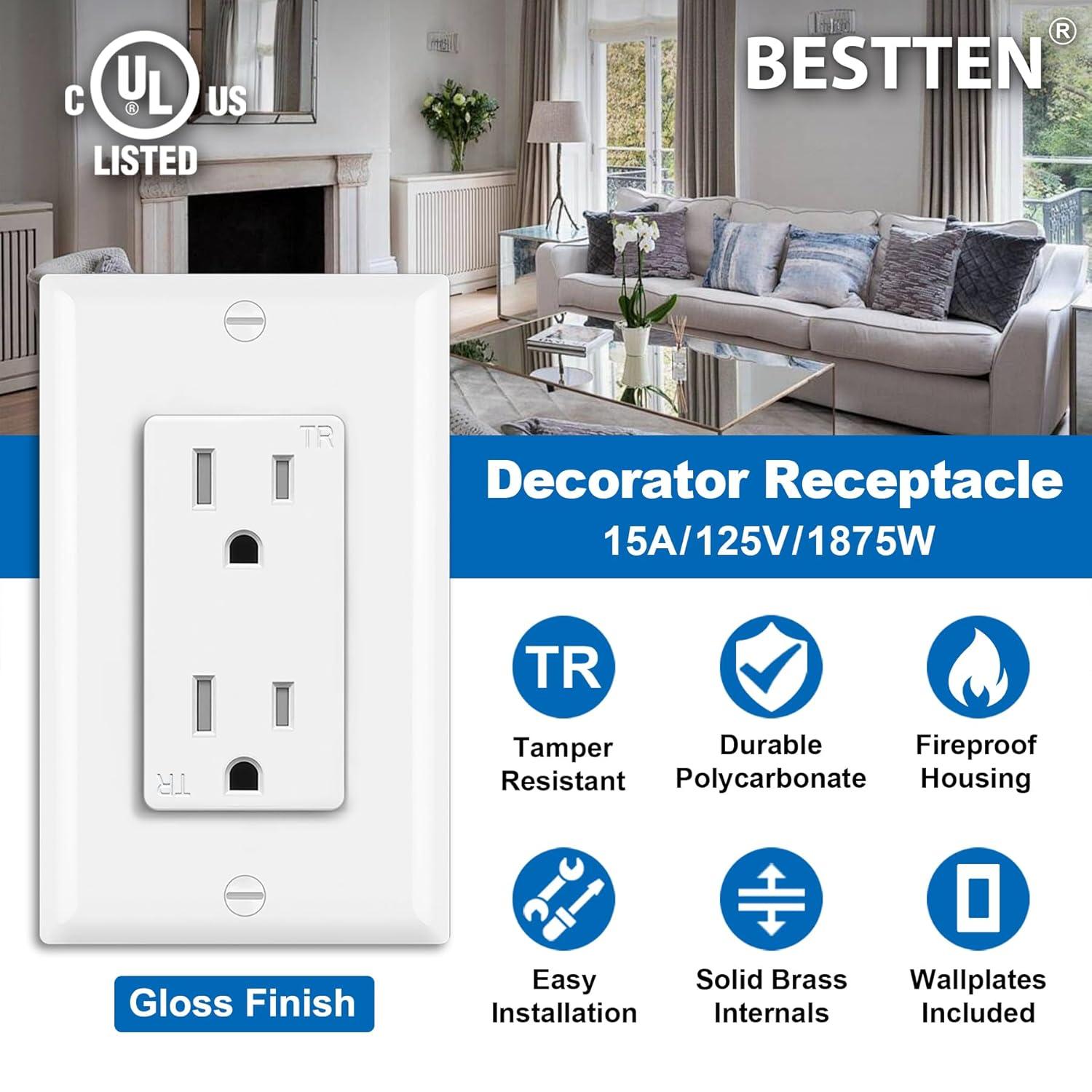 imageBESTTEN 60 Pack 15 Amp Outlets Standard Electrical Wall Outlet UL Listed Tamper Resistant Receptacle for Home and Business Wall Plate Included 15A125V1875W UL Listed White60