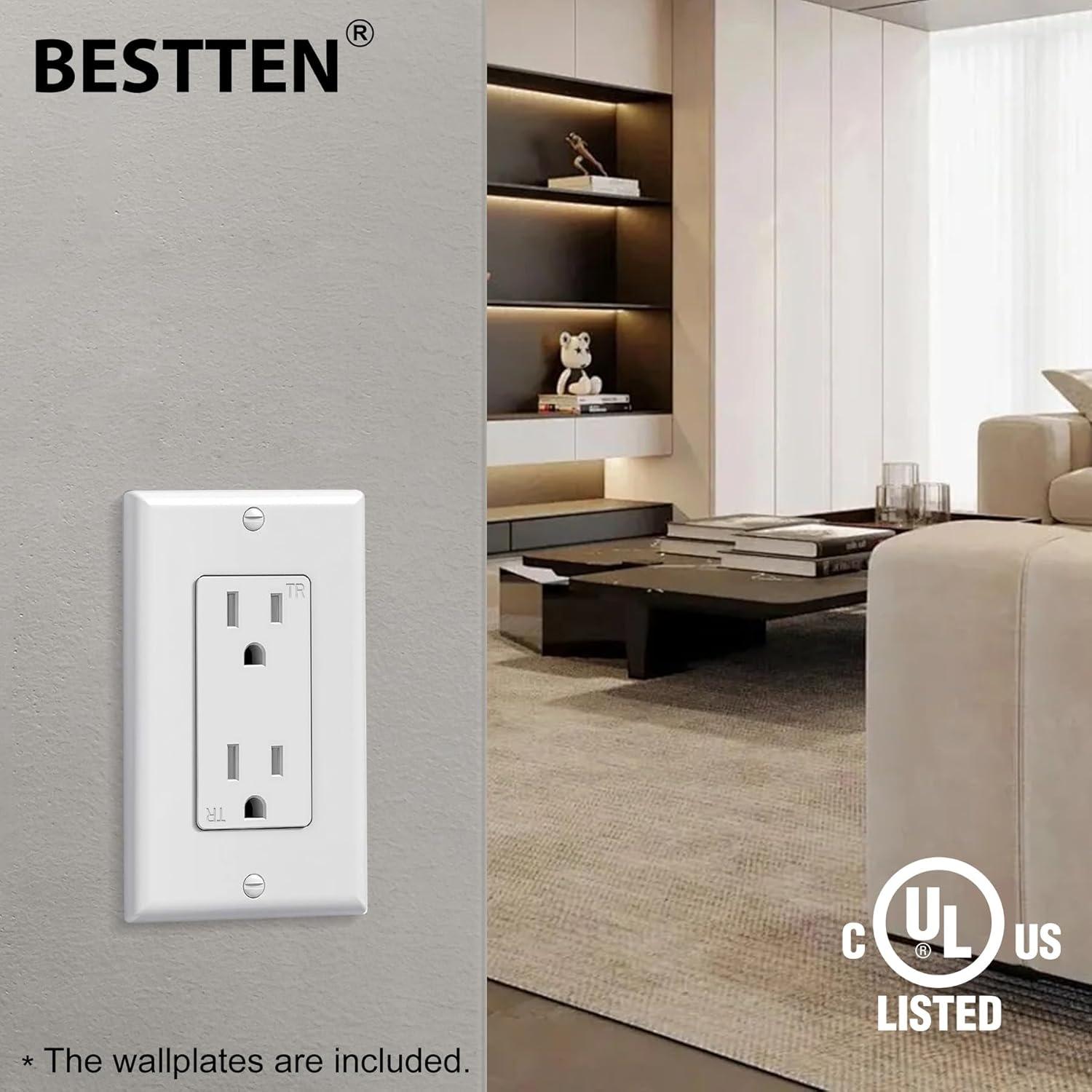 imageBESTTEN 60 Pack 15 Amp Outlets Standard Electrical Wall Outlet UL Listed Tamper Resistant Receptacle for Home and Business Wall Plate Included 15A125V1875W UL Listed White60