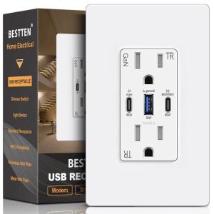 imageBESTTEN 2 Pack 65W USB C Outlet GaN 3Port USB Outlet Receptacle for Laptop 15 Amp Ultra Fast Wall Outlet with 2 Type C amp 1 Type A Tamper Resistant Screwless Wallplate Included ETL Listed White1