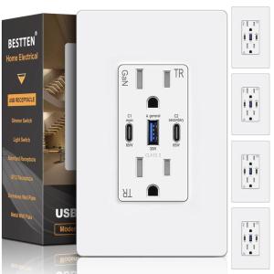 imageBESTTEN 2 Pack 65W USB C Outlet GaN 3Port USB Outlet Receptacle for Laptop 15 Amp Ultra Fast Wall Outlet with 2 Type C amp 1 Type A Tamper Resistant Screwless Wallplate Included ETL Listed White5